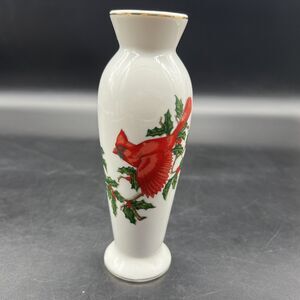 Vintage Lefton Japan Red Christmas Cardinal Holly Berry Bud Vase Gold Trim 01070